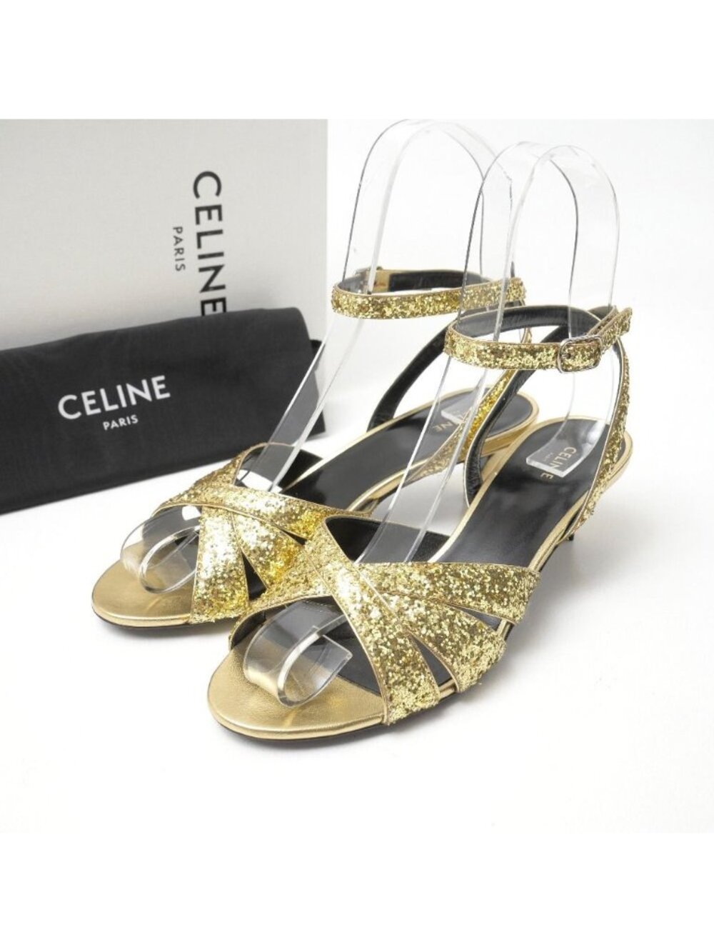 Celine Sandals Ankle Strap Glitter Sequin Decoration Gold Color RB